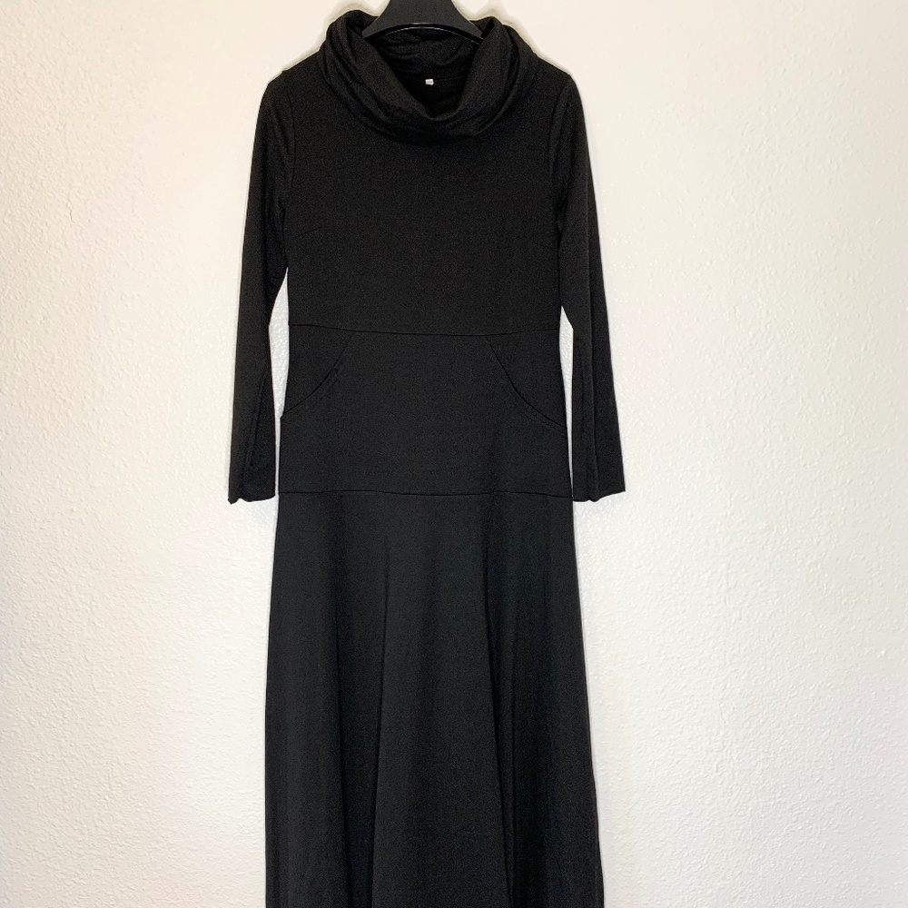 Black Cowl Neck Long Sleeve Maxi Dress – Soft Stretch, Flowy Fit